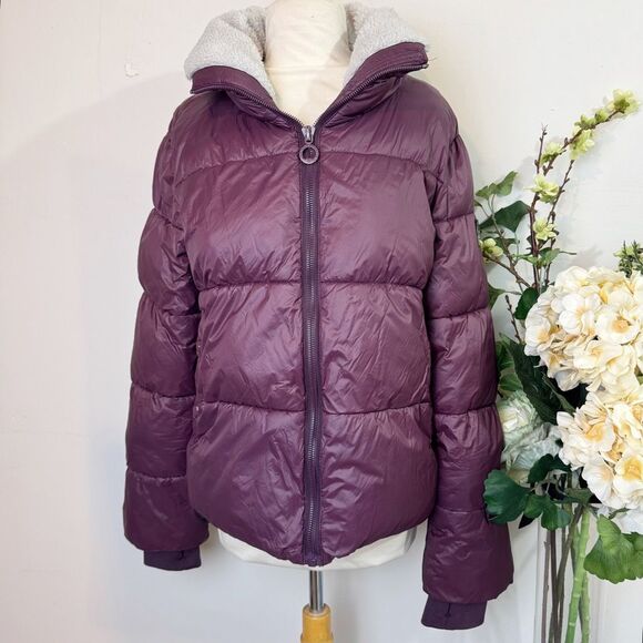 Noize Plum Puffer Jacket Sherpa Fleece Collar Vegan Winter Coat Size M Anthropol - Picture 2 of 14